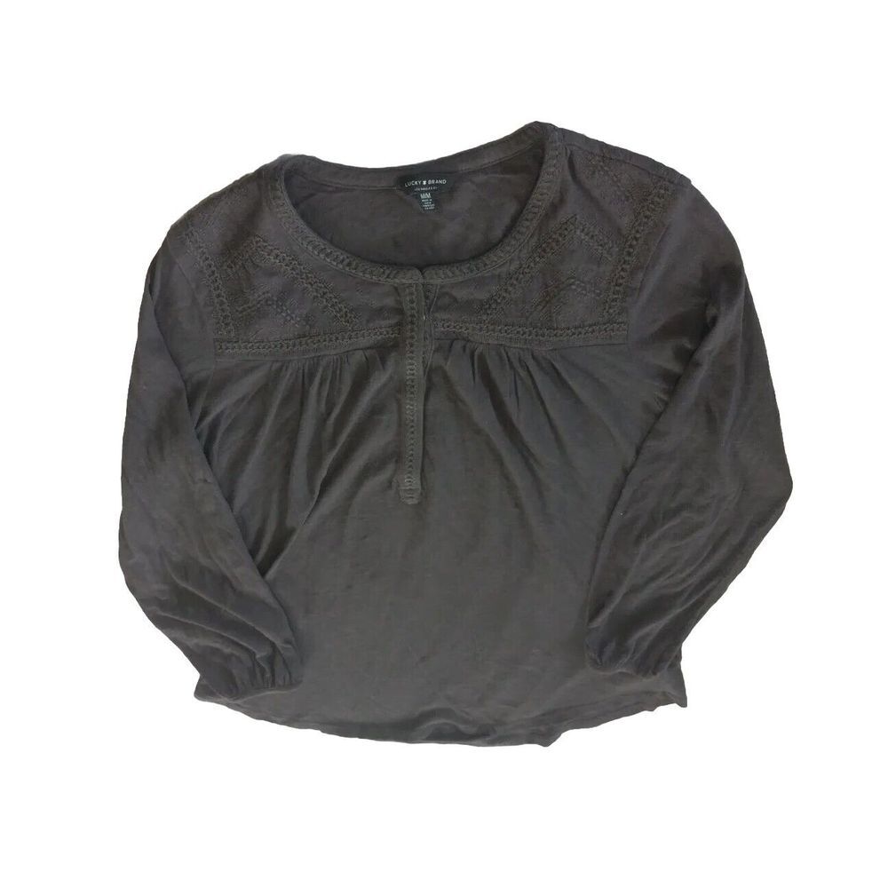 Lucky Brand Women's Medium 3/4 Sleeve Button-Up Embroider Blouse‎ Faded Black